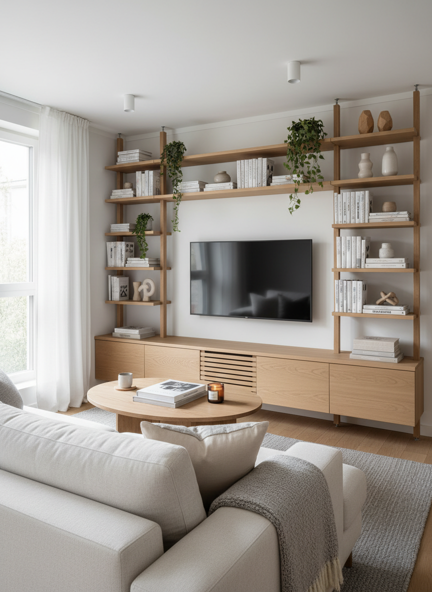 A bright Scandinavian-inspired living room featuring a light oak media console beneath a large wall-mounted TV, surrounded by asymmetrical shelving with carefully arranged books, plants, and minimalist decor objects. A plush off-white sectional sofa with cozy textured cushions faces a round oak coffee table on a subtle gray rug. Soft warm ceiling spotlights combine with diffuse daylight from a large window to create balanced, natural illumination. Photographic realism, shot from a slightly elevated corner angle to show layout and flow. The mood is relaxed and stylish yet practical, ideal for demonstrating how to combine storage, decor, and media in a small living room without clutter.