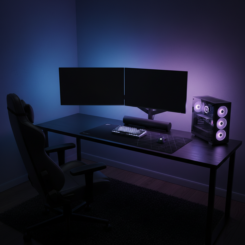 An immersive gaming setup in a dedicated corner of a room, built around a sleek black desk with a dual-monitor arrangement on slim, adjustable arms. A compact mechanical keyboard with white keycaps, a large mousepad with subtle geometric patterns, and a minimalist soundbar sit perfectly aligned. Behind the monitors, addressable RGB light strips cast a gradient of blue and purple onto a matte dark-gray wall. A slim PC tower with tempered glass side panel reveals neatly organized components and soft internal lighting. Photographic realism, shot at a three-quarter angle from chair height, with a moody, focused atmosphere that highlights cable management, lighting, and ergonomic screen placement for gaming inspiration.
