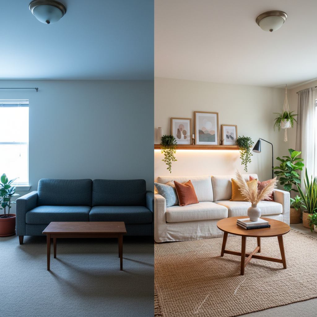 A sophisticated before-and-after living room transformation shown as a single, wide photographic scene divided naturally by furniture placement. On the left, a plain, underlit space with a basic dark sofa and sparse decor. On the right, the same room upgraded: a lighter fabric sofa with layered cushions, a textured rug, a slim floor lamp, wall art, and a cluster of plants near the window. Added warm LED accent lighting along a shelf subtly brightens the space. Captured from the same eye-level viewpoint, with consistent daylight streaming in, the composition clearly emphasizes how simple changes in lighting, textiles, and decor can dramatically elevate a room without structural renovations.