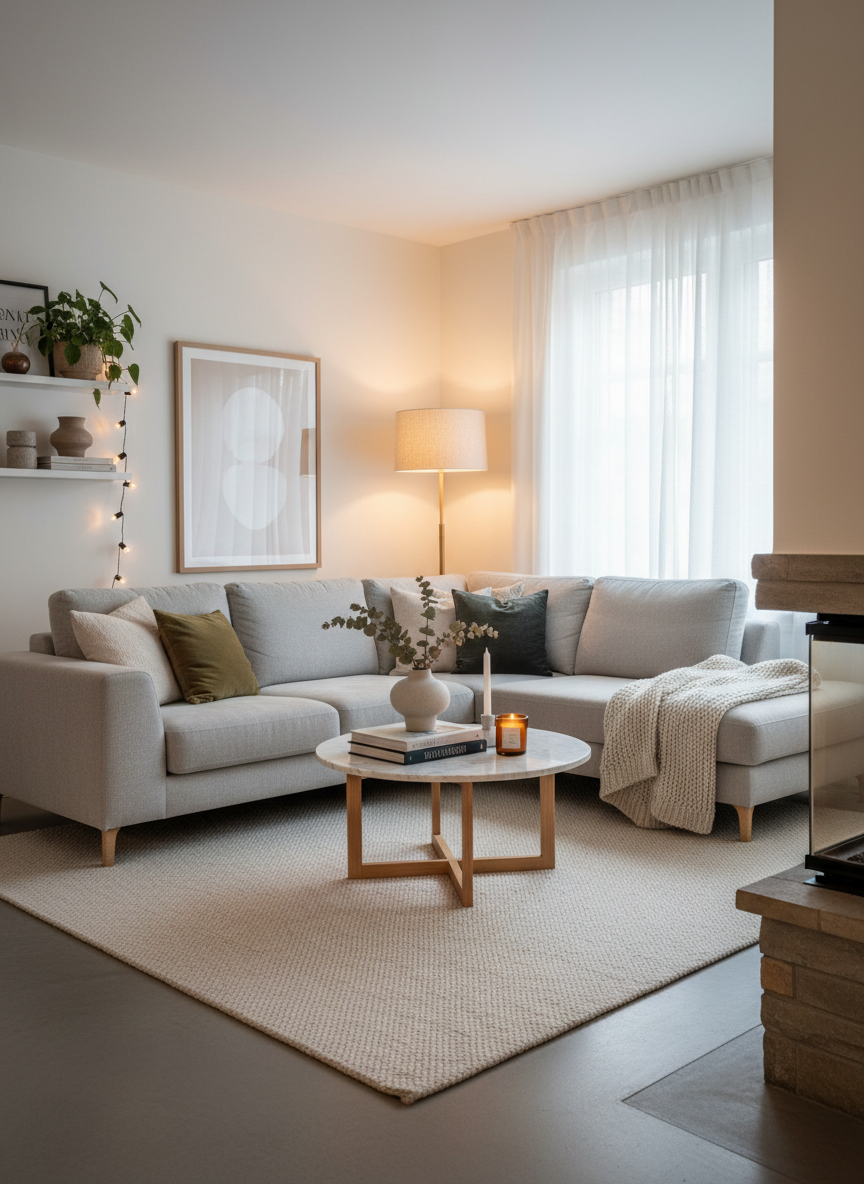 Ein modern gestaltetes Wohnzimmer mit bequemer Couch, stilvollem Couchtisch und warmer Beleuchtung