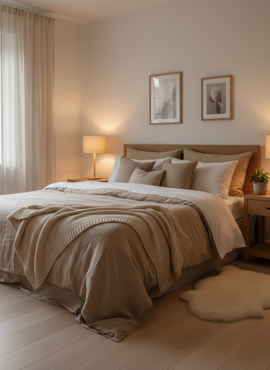 Gemütliches Schlafzimmer mit warmer Beleuchtung und Leinenbettwäsche