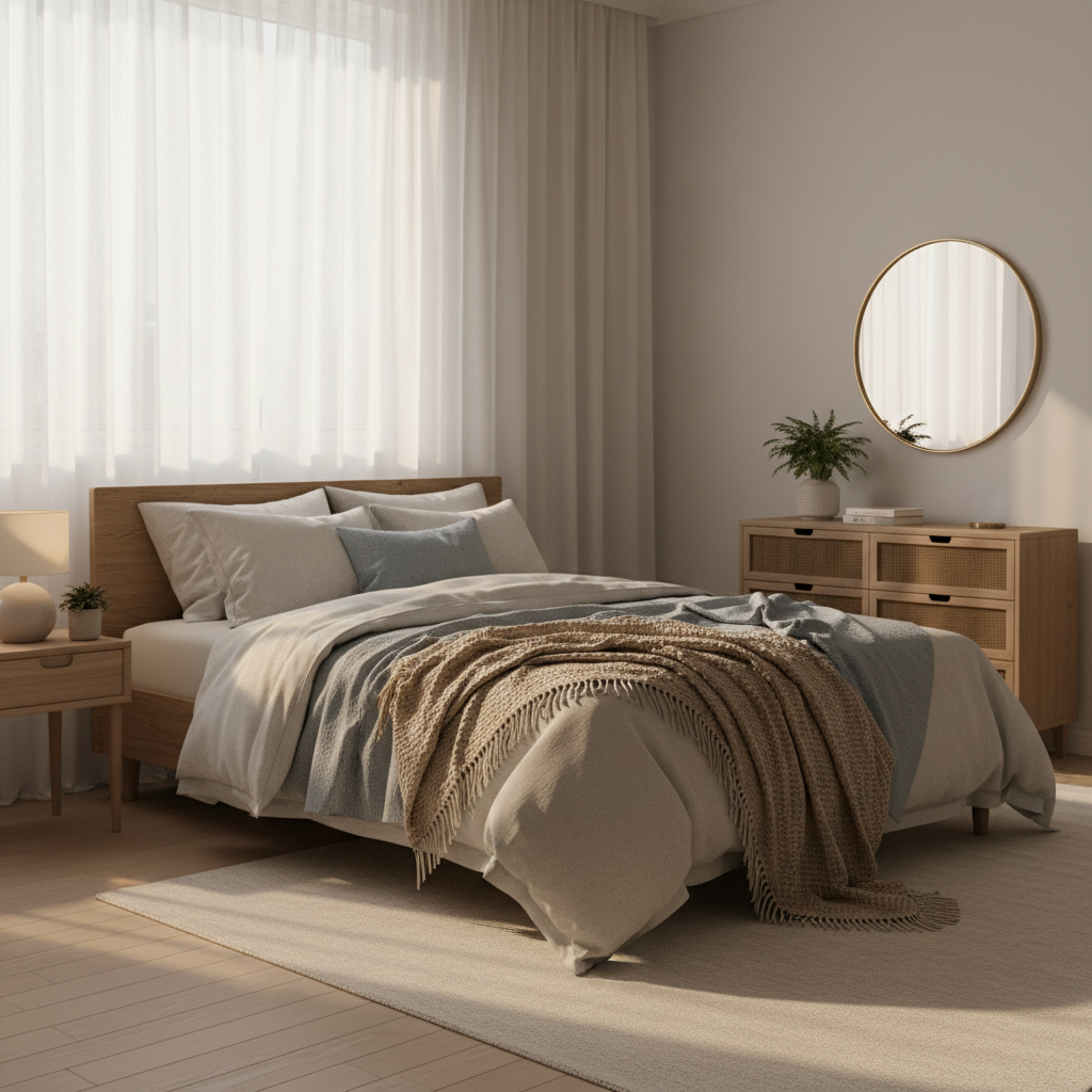 Helles Schlafzimmer mit Leinengardinen und warmem Tageslicht