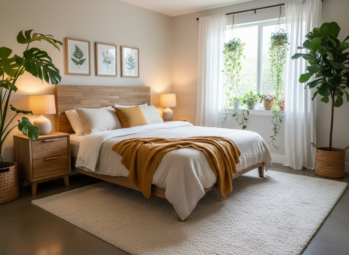 Gemütliches Schlafzimmer mit Pflanzen und warmer Beleuchtung