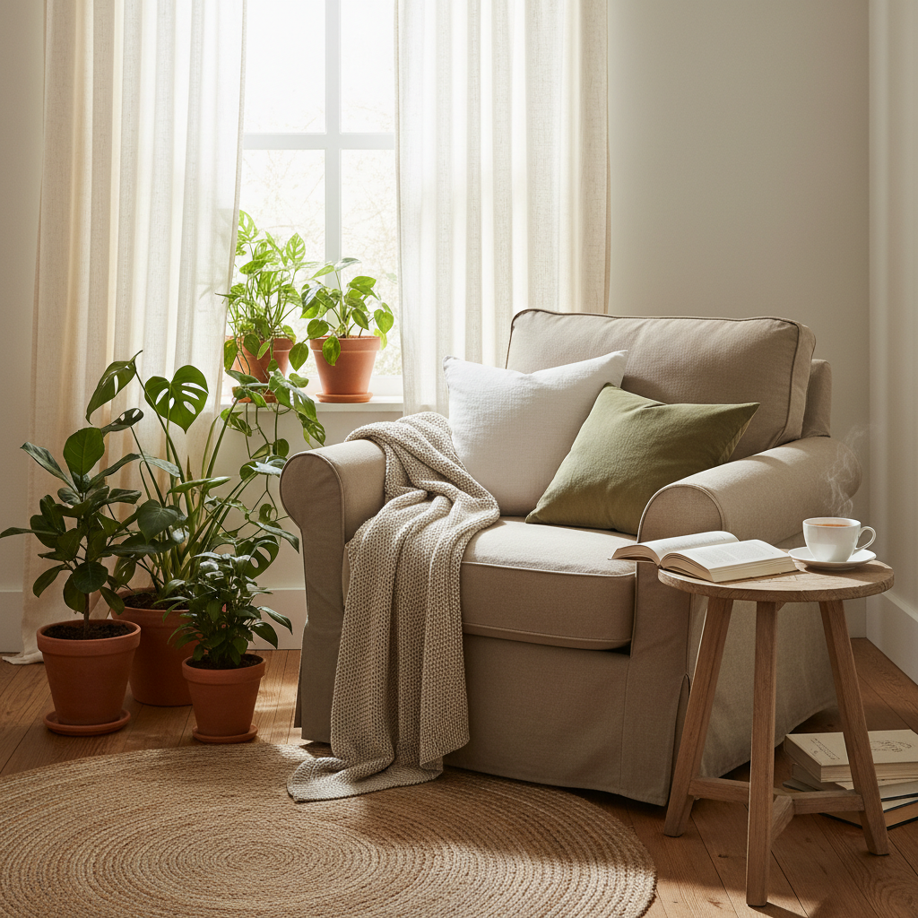 Gemütliche Leseecke im Schlafzimmer mit natürlichem Licht und Zimmerpflanzen