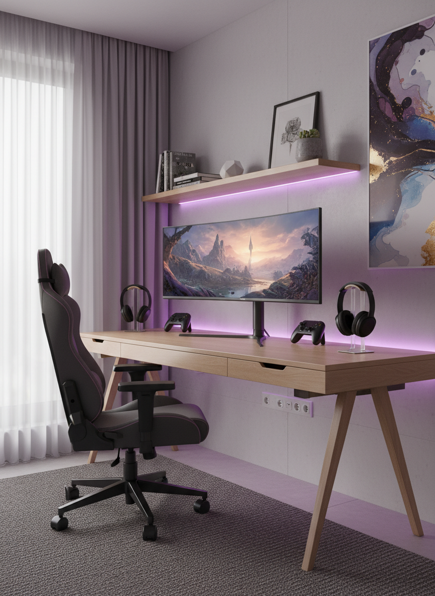 Aufgeräumtes Gaming-Zimmer mit RGB-Beleuchtung in lila Tönen