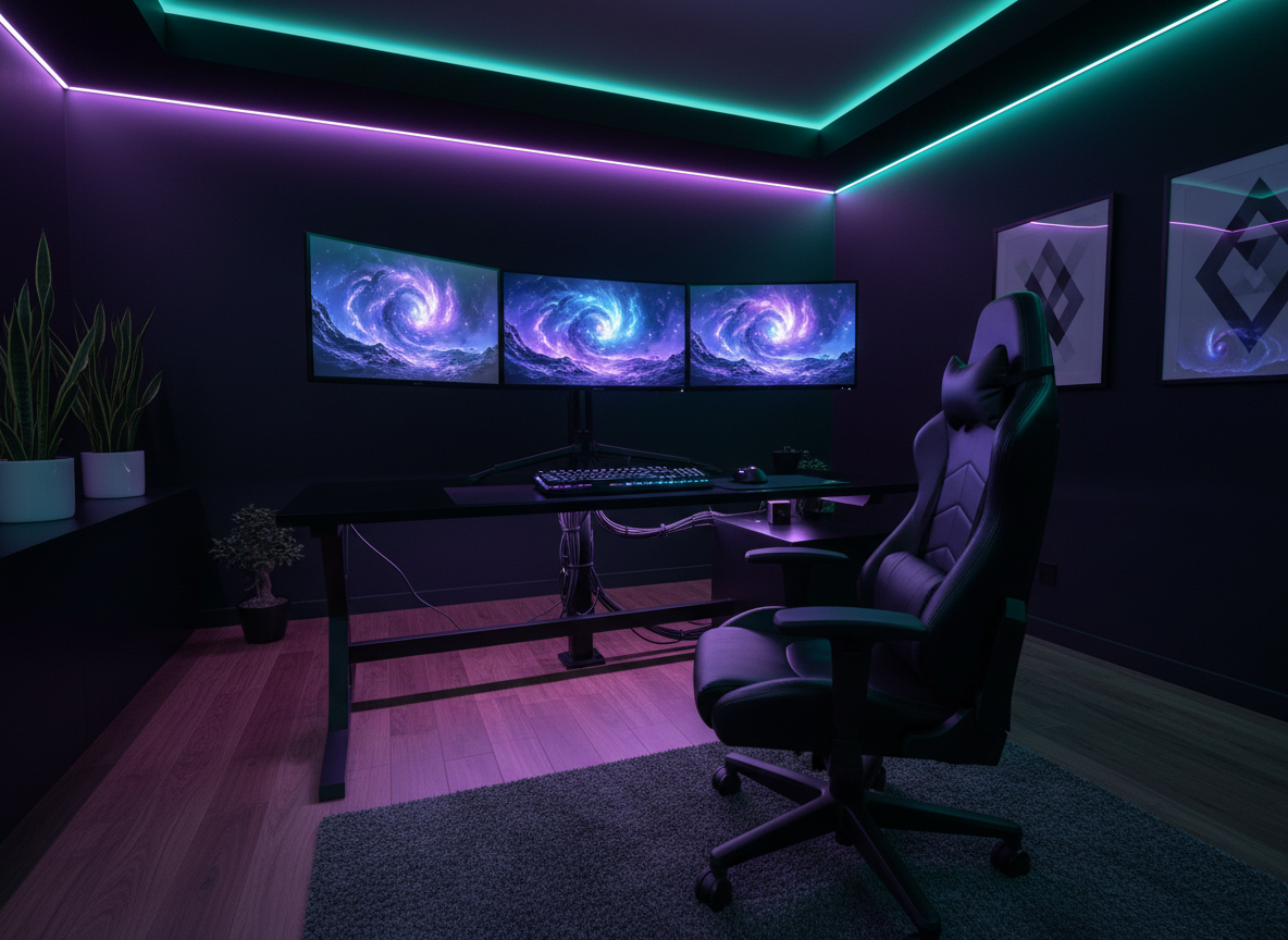 Episches Gaming-Setup mit Triple-Monitor und lila-blauem Neon-Licht