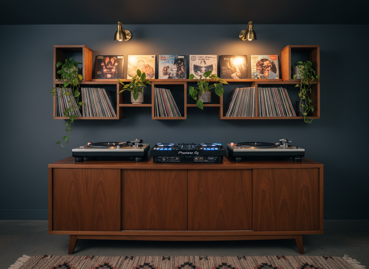 Professioneller Heim-DJ-Booth mit Technics Plattenspielern und Vinylsammlung