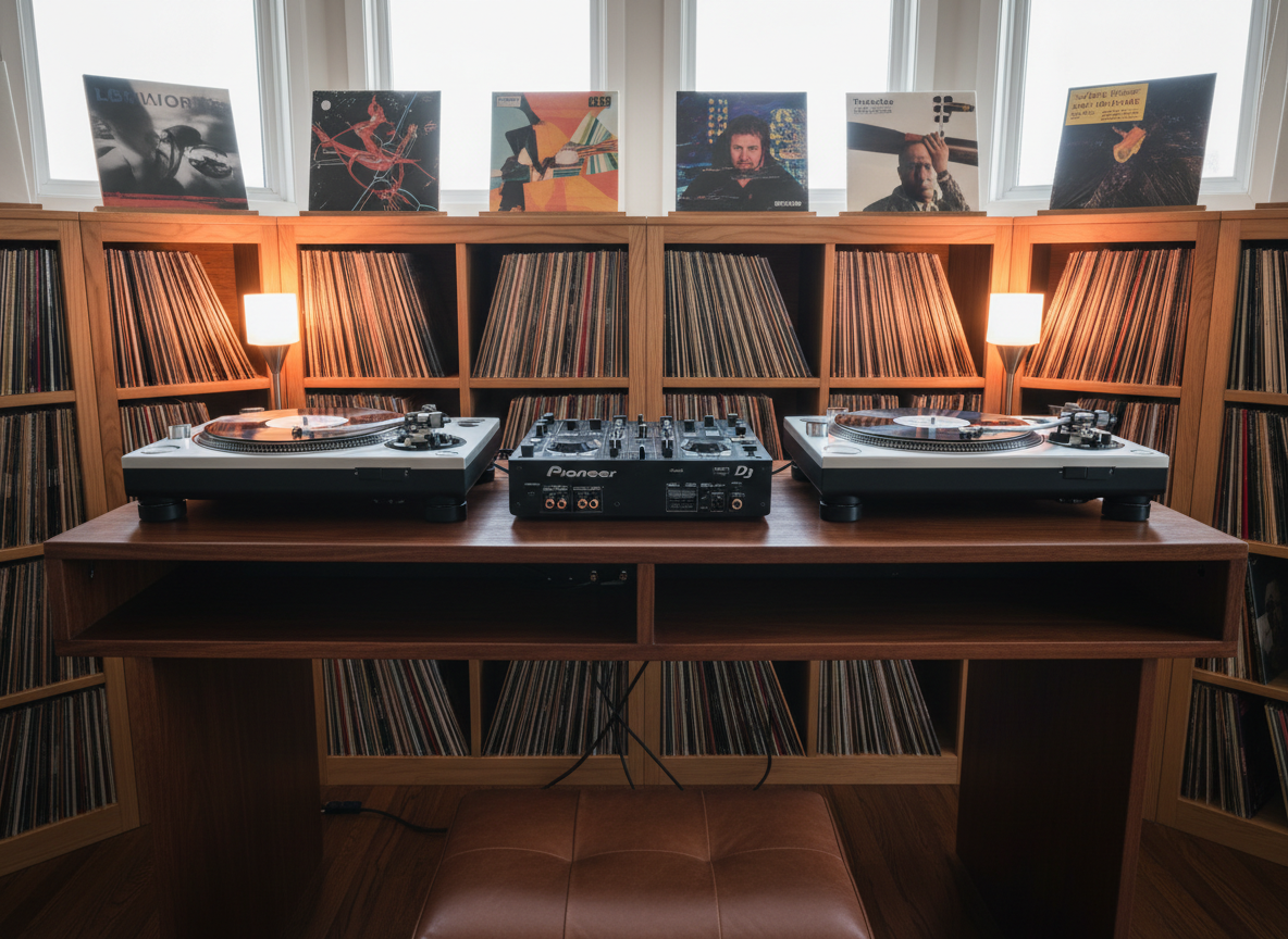 A professional home DJ booth with two Technics 1200 turntables, a Pioneer mixer, warm studio lighting, vinyl records neatly organized on shelves in the background, wooden accents, clean and tidy setup. Real photography editorial style.